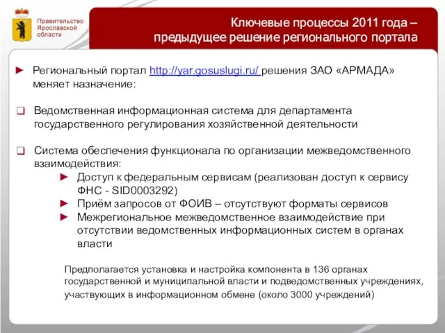 Ключевые процессы 2011 года – предыдущее решение регионального портала Региональный портал http://yar.gosuslugi.ru/