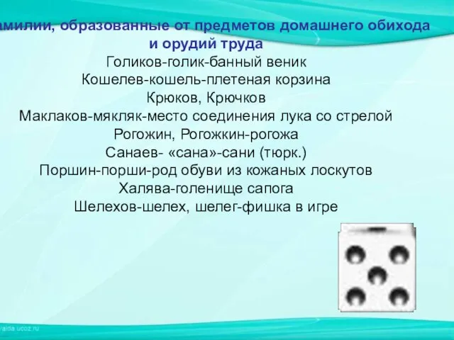 Фамилии, образованные от предметов домашнего обихода и орудий труда Голиков-голик-банный веник Кошелев-кошель-плетеная