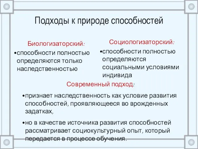 Подходы к природе способностей Биологизаторский: способности полностью определяются только наследственностью Социологизаторский: способности