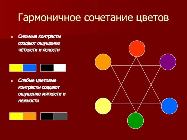 Гармоничное сочетание цветов Сильные контрасты создают ощущение чёткости и ясности Слабые цветовые