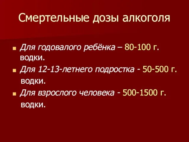 Смертельные дозы алкоголя Для годовалого ребёнка – 80-100 г. водки. Для 12-13-летнего