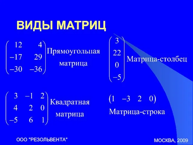 МОСКВА, 2009 ООО "РЕЗОЛЬВЕНТА" ВИДЫ МАТРИЦ