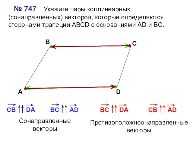 № 747 Укажите пары коллинеарных (сонаправленных) векторов, которые определяются сторонами трапеции АВСD