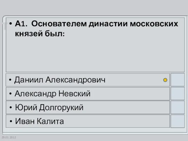 29.01.2012 А1. Основателем династии московских князей был: Даниил Александрович Александр Невский Юрий Долгорукий Иван Калита