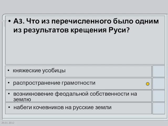 29.01.2012 А3. Что из перечисленного было одним из результатов крещения Руси? княжеские