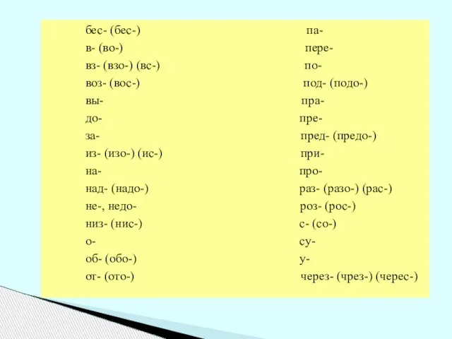бес- (бес-) па- в- (во-) пере- вз- (взо-) (вс-) по- воз- (вос-)