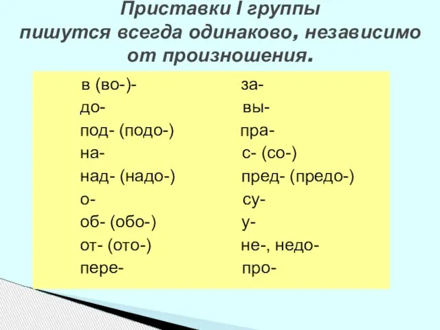 Приставки I группы пишутся всегда одинаково, независимо от произношения. в (во-)- за-