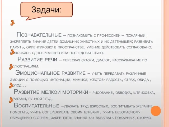 Познавательные – познакомить с профессией – пожарный; закреплять знания детей домашних животных