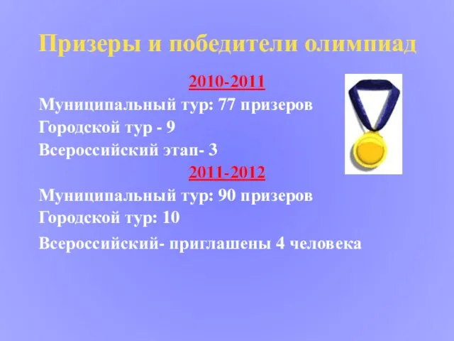 Призеры и победители олимпиад 2010-2011 Муниципальный тур: 77 призеров Городской тур -