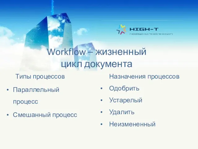 Workflow – жизненный цикл документа Типы процессов Параллельный процесс Смешанный процесс Назначения