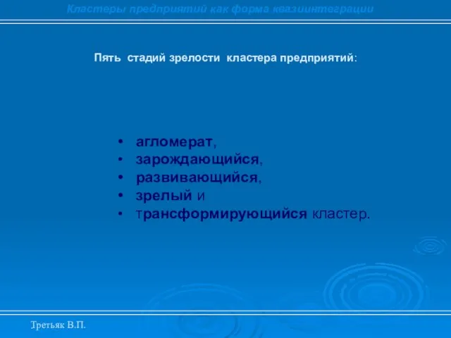 . Пять стадий зрелости кластера предприятий: Кластеры предприятий как форма квазиинтеграции агломерат,