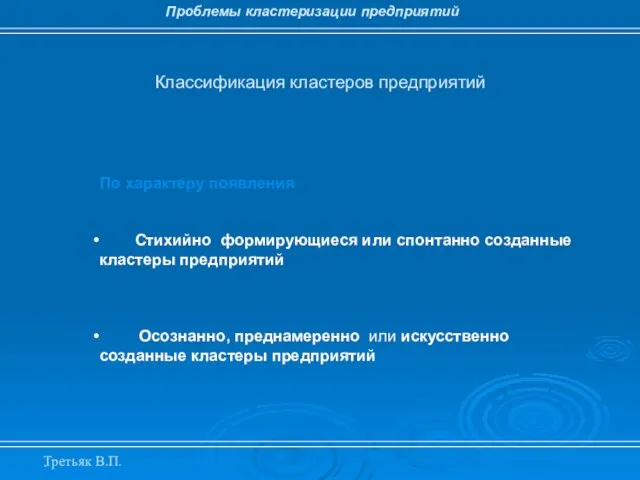 . Классификация кластеров предприятий Проблемы кластеризации предприятий По характеру появления Стихийно формирующиеся