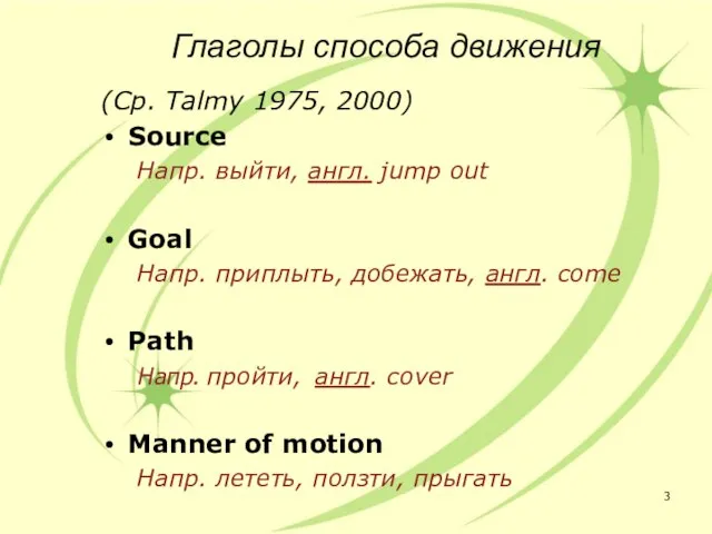Глаголы способа движения (Ср. Talmy 1975, 2000) Source Напр. выйти, англ. jump