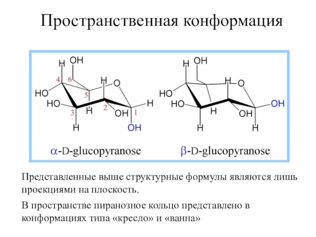 Представленные выше структурные формулы являются лишь проекциями на плоскость. В пространстве пиранозное