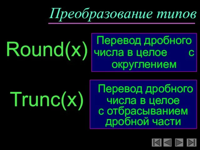 Преобразование типов Round(x) Перевод дробного числа в целое с отбрасыванием дробной части