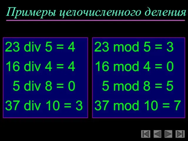 Примеры целочисленного деления 23 div 5 = 4 16 div 4 =