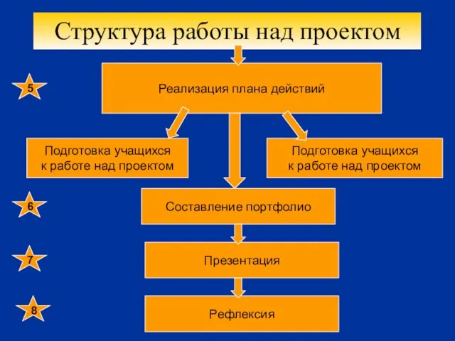 Реализация плана действий Подготовка учащихся к работе над проектом Составление портфолио Презентация