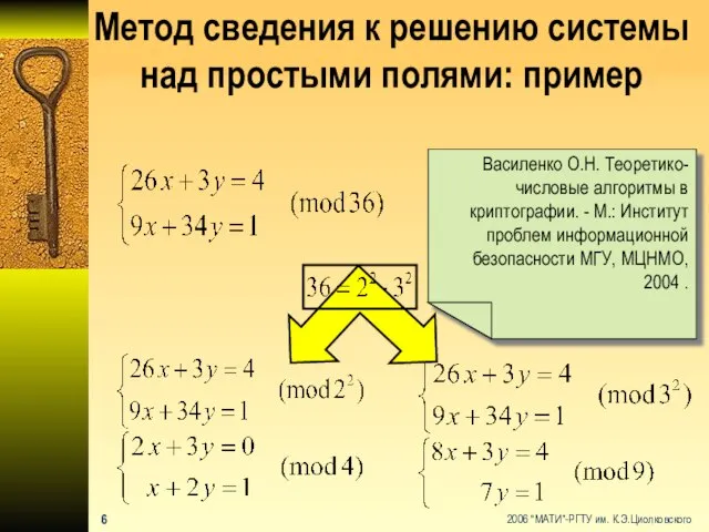 Метод сведения к решению системы над простыми полями: пример Василенко О.Н. Теоретико-числовые