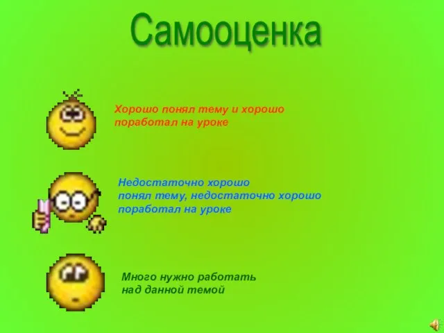 Самооценка Хорошо понял тему и хорошо поработал на уроке Недостаточно хорошо понял