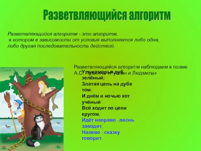 Разветвляющийся алгоритм Разветвляющийся алгоритм - это алгоритм, в котором в зависимости от