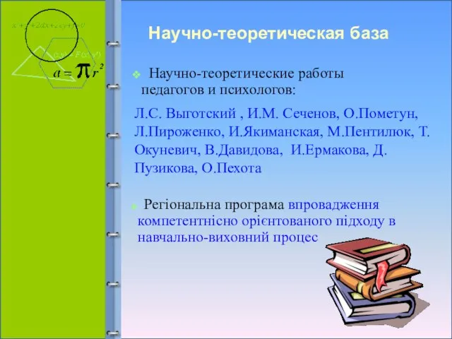 Л.С. Выготский , И.М. Сеченов, О.Пометун, Л.Пироженко, И.Якиманская, М.Пентилюк, Т.Окуневич, В.Давидова, И.Ермакова,