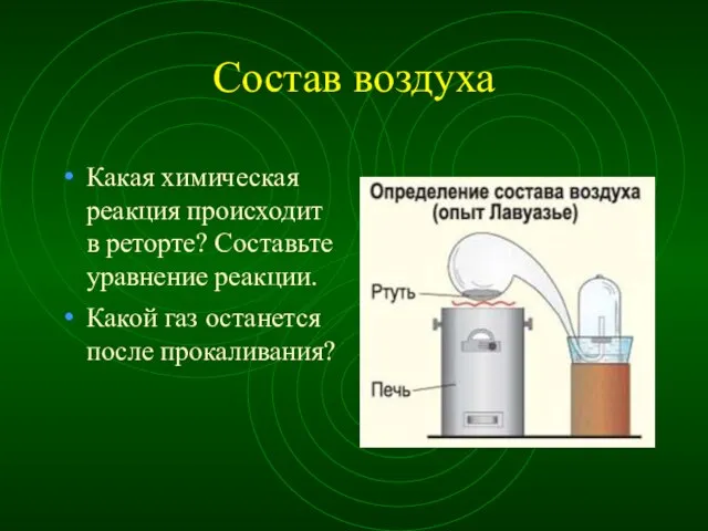 Состав воздуха Какая химическая реакция происходит в реторте? Составьте уравнение реакции. Какой газ останется после прокаливания?