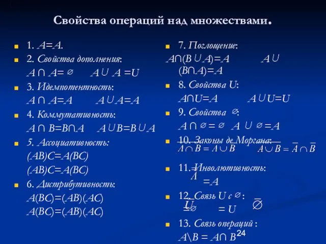 Свойства операций над множествами. 1. A=A. 2. Свойства дополнения: A ∩A= ∅