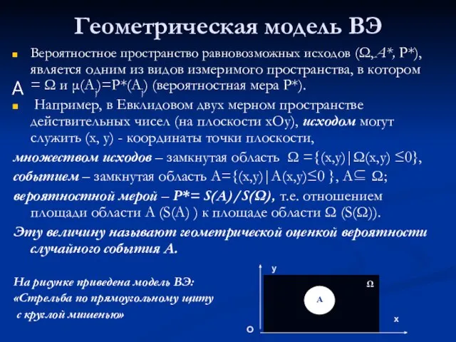 Геометрическая модель ВЭ Вероятностное пространство равновозможных исходов (Ω,A*, P*), является одним из