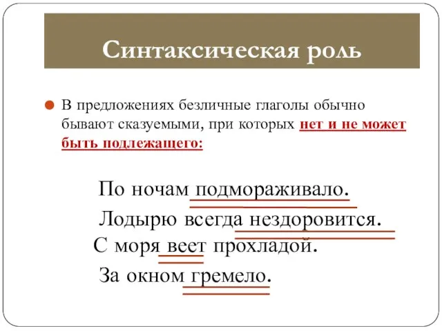 Синтаксическая роль В предложениях безличные глаголы обычно бывают сказуемыми, при которых нет