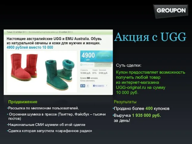 Суть сделки: Купон предоставляет возможность получить любой товар из интернет-магазина UGG-original.ru на
