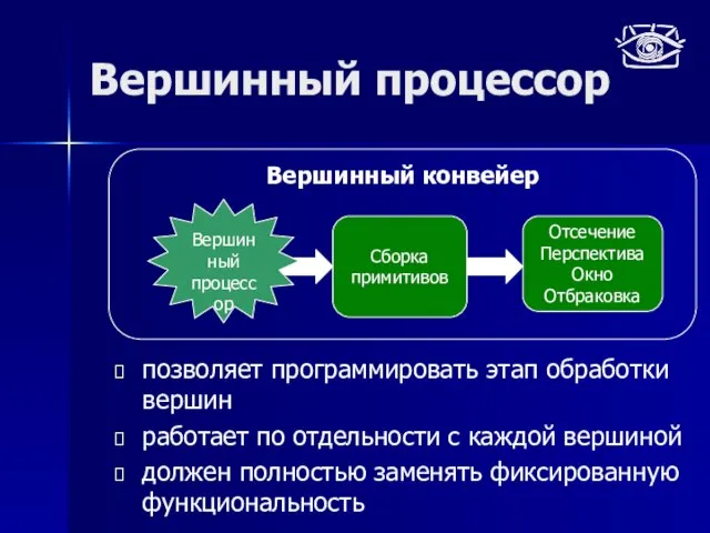 Вершинный процессор позволяет программировать этап обработки вершин работает по отдельности с каждой