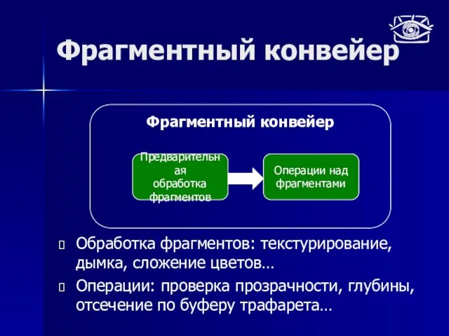 Фрагментный конвейер Предварительная обработка фрагментов Операции над фрагментами Фрагментный конвейер Обработка фрагментов: