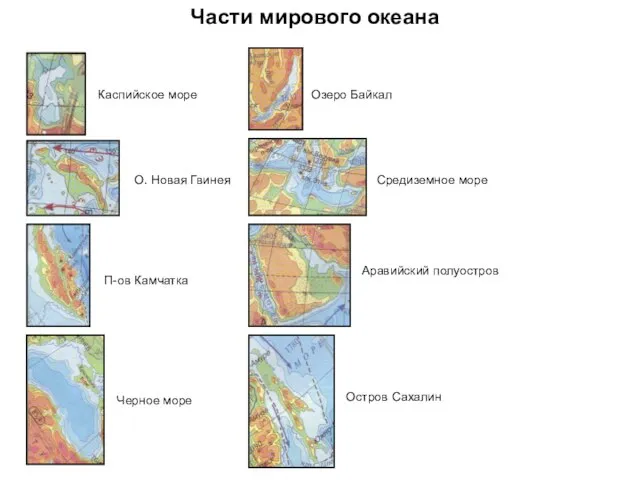 Части мирового океана Каспийское море О. Новая Гвинея П-ов Камчатка Черное море