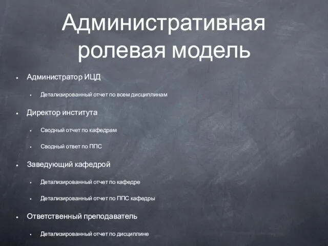 Административная ролевая модель Администратор ИЦД Детализированный отчет по всем дисциплинам Директор института