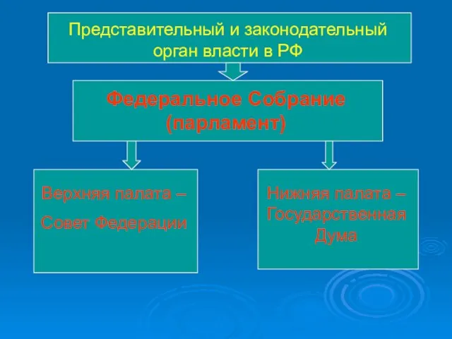 Представительный и законодательный орган власти в РФ Федеральное Собрание (парламент) Верхняя палата