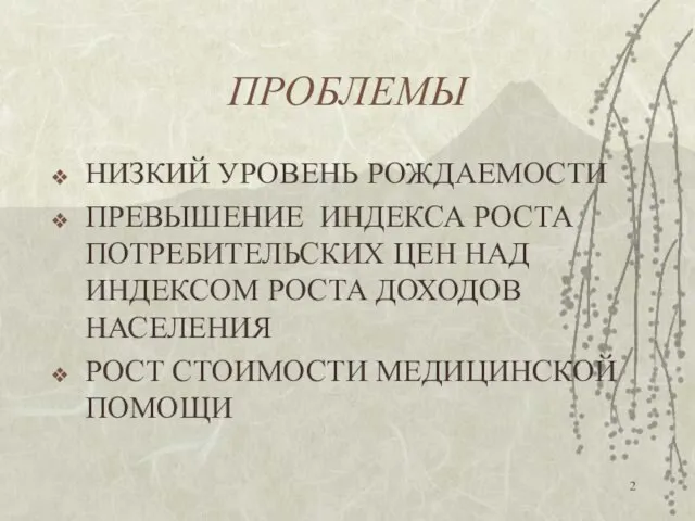 ПРОБЛЕМЫ НИЗКИЙ УРОВЕНЬ РОЖДАЕМОСТИ ПРЕВЫШЕНИЕ ИНДЕКСА РОСТА ПОТРЕБИТЕЛЬСКИХ ЦЕН НАД ИНДЕКСОМ РОСТА