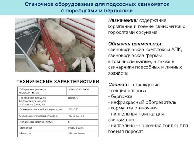 Станочное оборудование для подсосных свиноматок с поросятами и берложкой Назначение: содержание, кормление