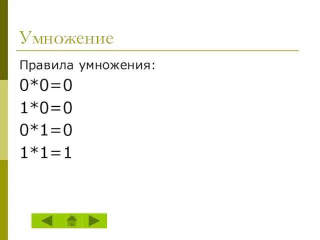 Умножение Правила умножения: 0*0=0 1*0=0 0*1=0 1*1=1