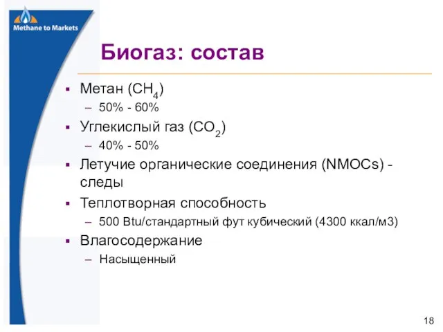 Биогаз: состав Метан (CH4) 50% - 60% Углекислый газ (CO2) 40% -