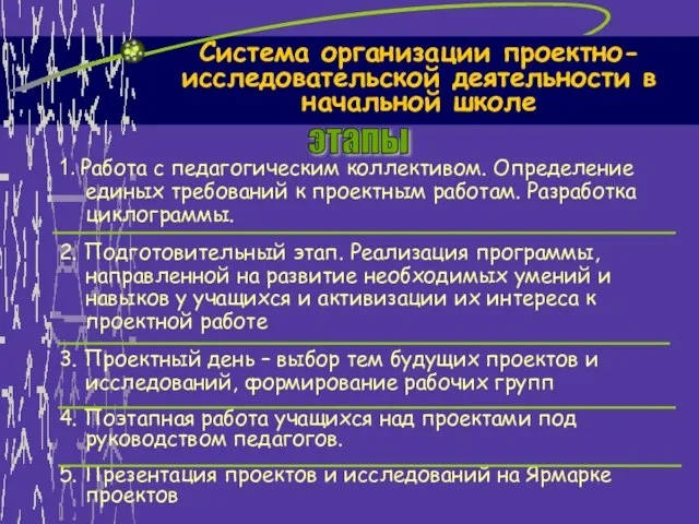 Система организации проектно-исследовательской деятельности в начальной школе 1. Работа с педагогическим коллективом.