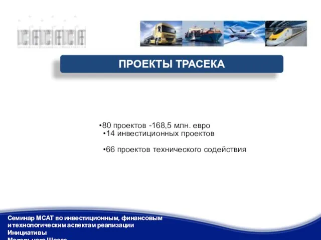 ПРОЕКТЫ ТРАСЕКА 80 проектов -168,5 млн. евро 14 инвестиционных проектов 66 проектов