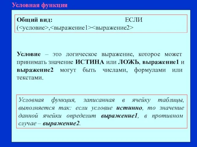 Условная функция Общий вид: ЕСЛИ( , Условие – это логическое выражение, которое