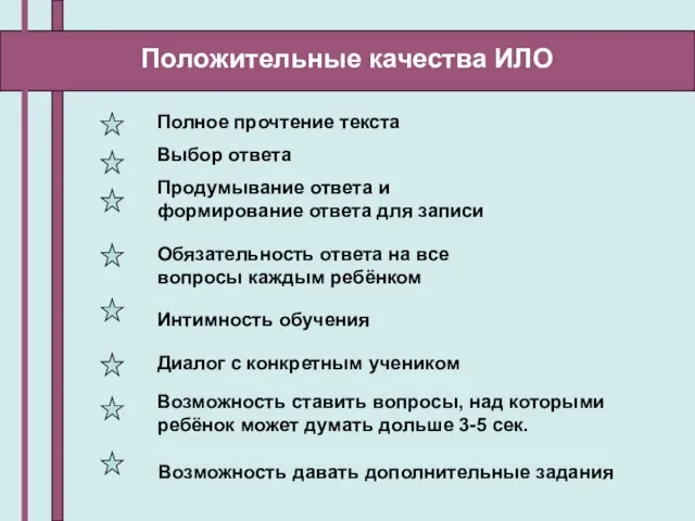 Положительные качества ИЛО Полное прочтение текста Выбор ответа Продумывание ответа и формирование