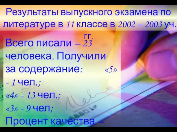 Результаты выпускного экзамена по литературе в 11 классе в 2002 – 2003