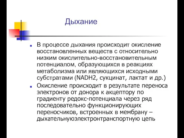 Дыхание В процессе дыхания происходит окисление восстановленных веществ с относительно низким окислительно-восстановительным