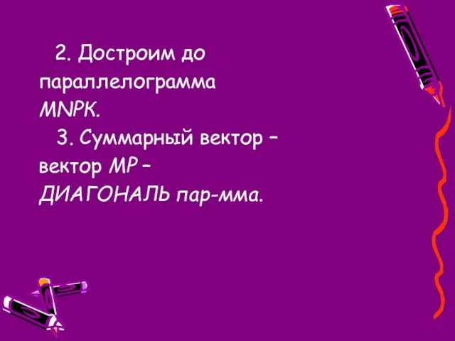 2. Достроим до параллелограмма МNРК. 3. Суммарный вектор – вектор МР – ДИАГОНАЛЬ пар-мма.