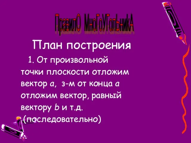 План построения 1. От произвольной точки плоскости отложим вектор а, з-м от