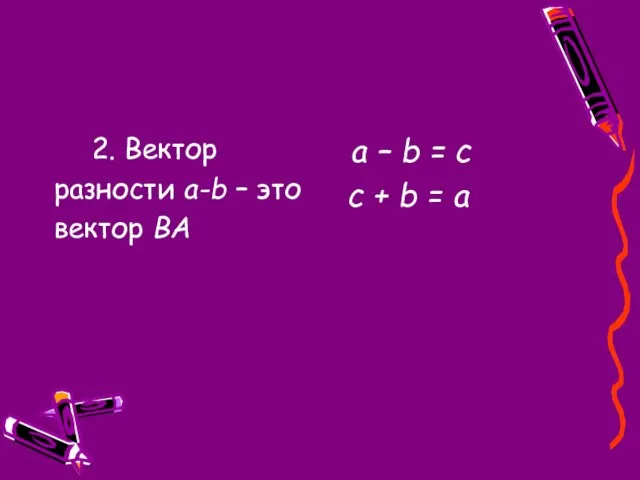 2. Вектор разности а-b – это вектор ВА а – b =