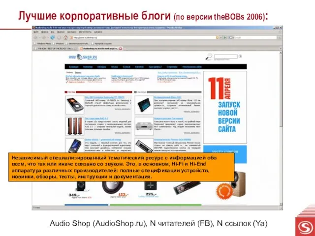 Лучшие корпоративные блоги (по версии theBOBs 2006): Audio Shop (AudioShop.ru), N читателей