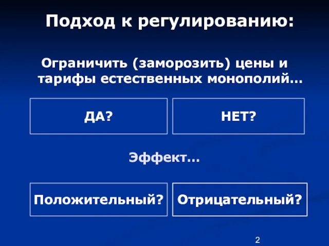 Подход к регулированию: Ограничить (заморозить) цены и тарифы естественных монополий… Эффект… ДА? НЕТ? Отрицательный? Положительный? Отрицательный?